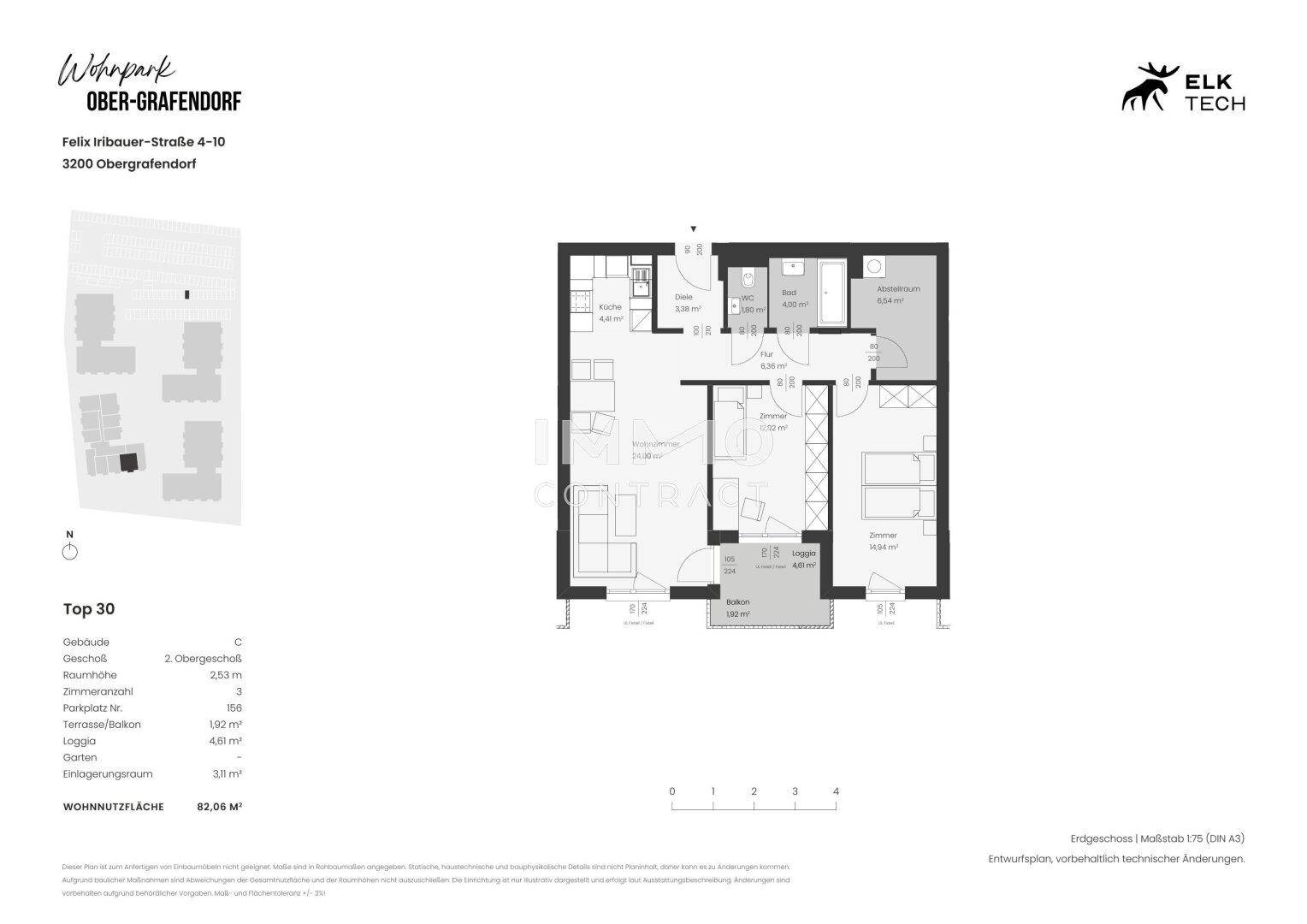 Grundriss einer Wohnung mit drei Zimmern, Balkon, offener Wohnküche und zwei Bädern.