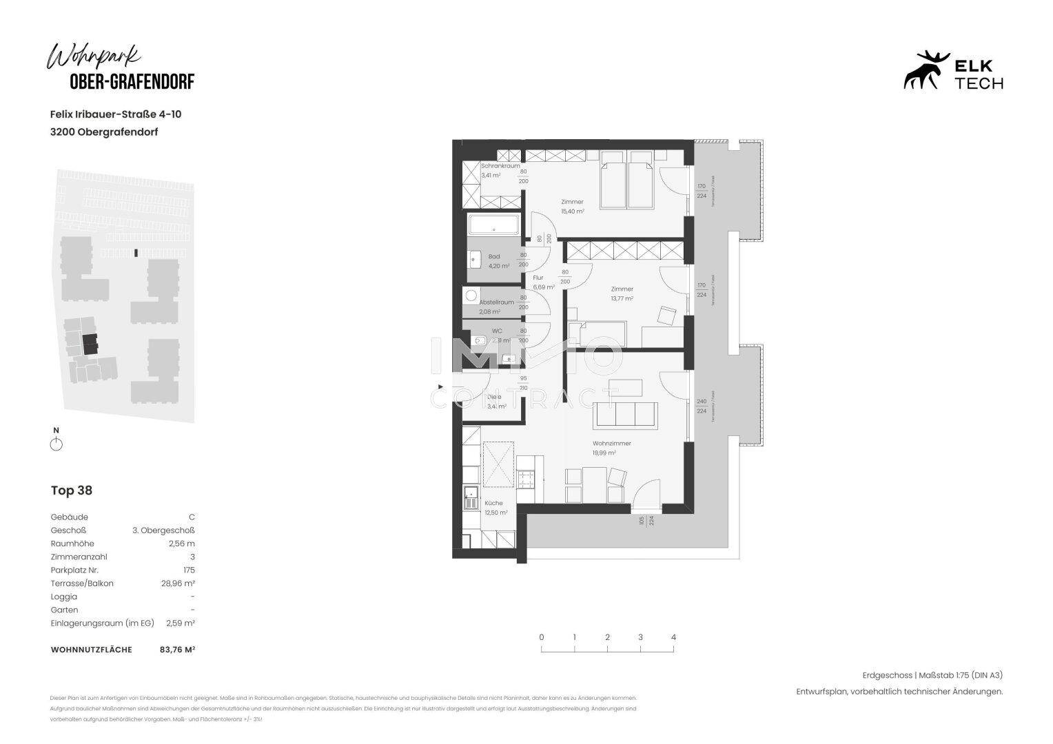 Detaillierter Grundriss der Wohnung Top 38 mit Loggia und klarer Raumaufteilung.