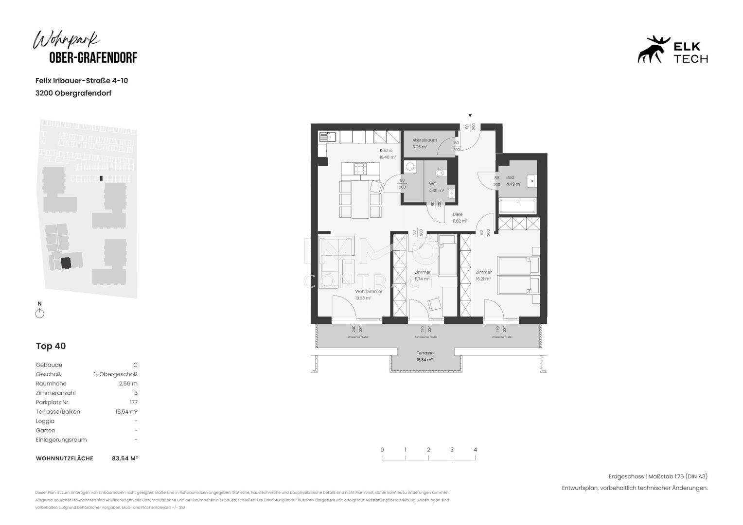 Grundriss einer Wohnung mit drei Zimmern, offener Küche und Terrasse.