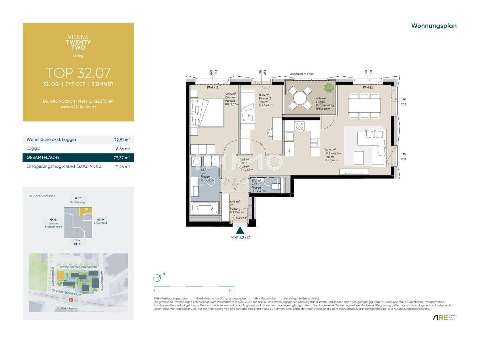 Detaillierter Grundriss einer Wohnung mit drei Zimmern, Loggia und offenem Wohnbereich.