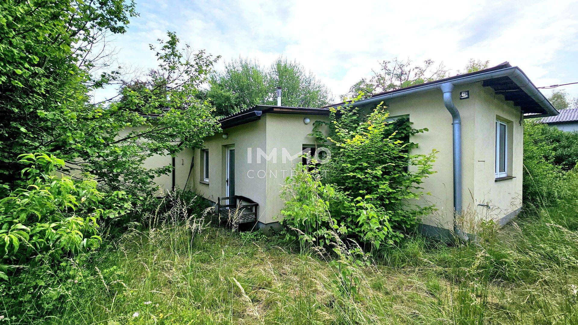 Das kleine Haus ist von einem verwilderten Garten umgeben, der viel Potenzial für die Gestaltung bietet.