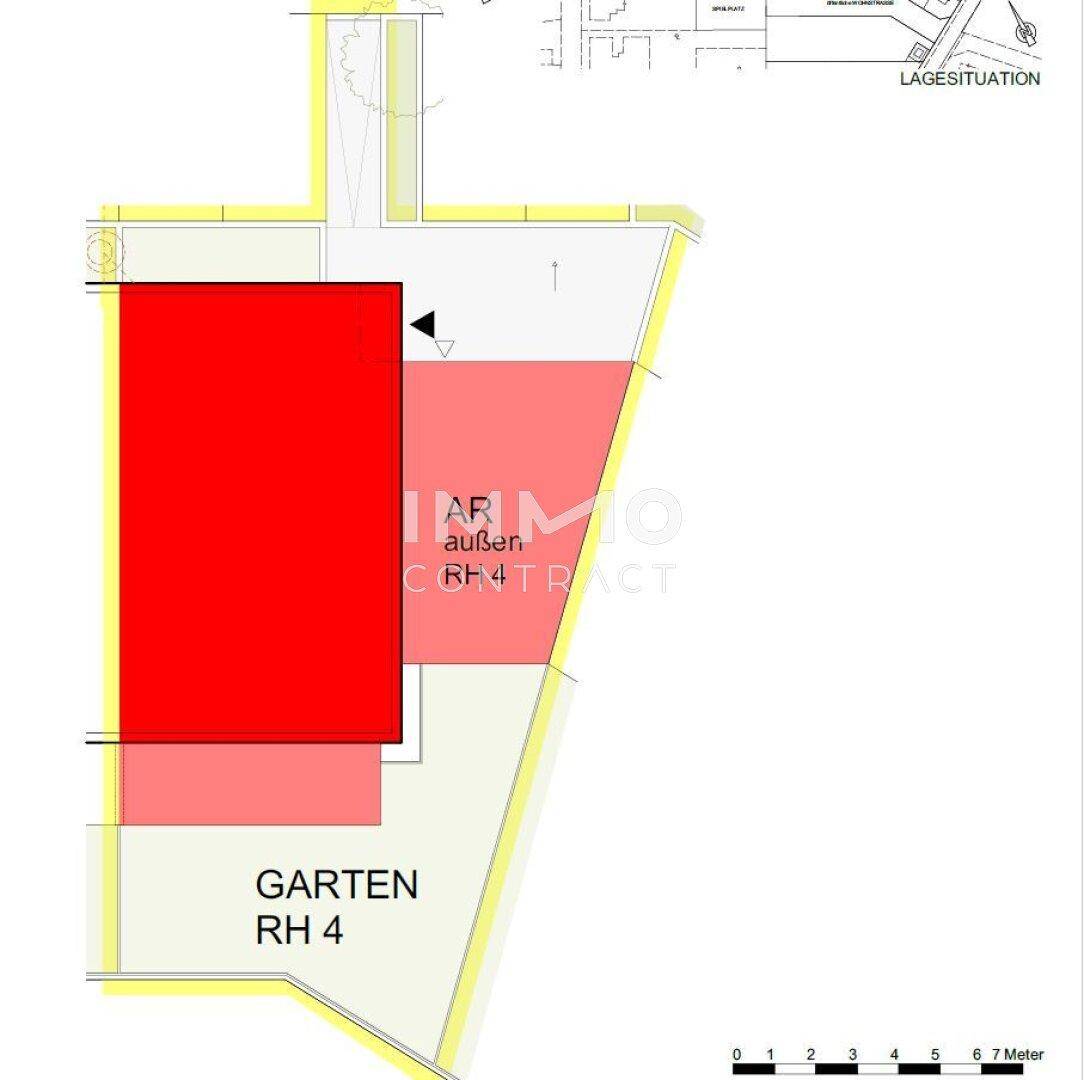 Lageplan des Gartens und des Außenabstellraums des Reihenhauses.