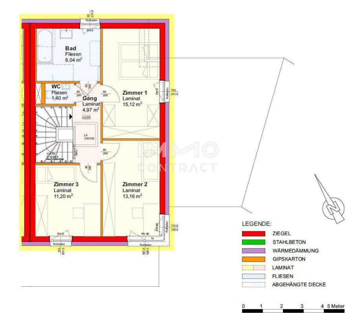 Grundriss des Obergeschosses mit drei Schlafzimmern, Bad und separatem WC.