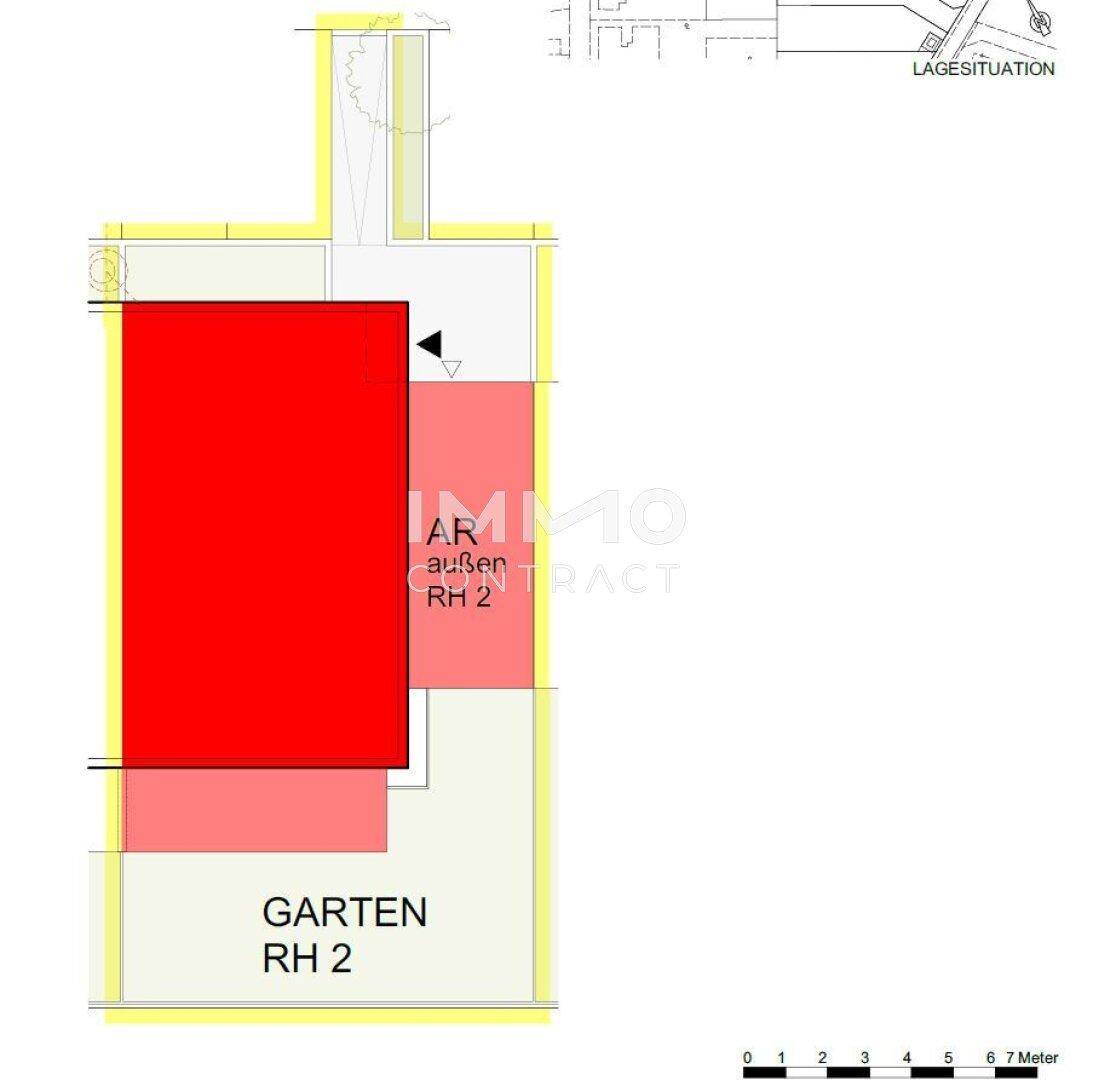 Grundriss des Außenbereichs mit Garten und Abstellraum.