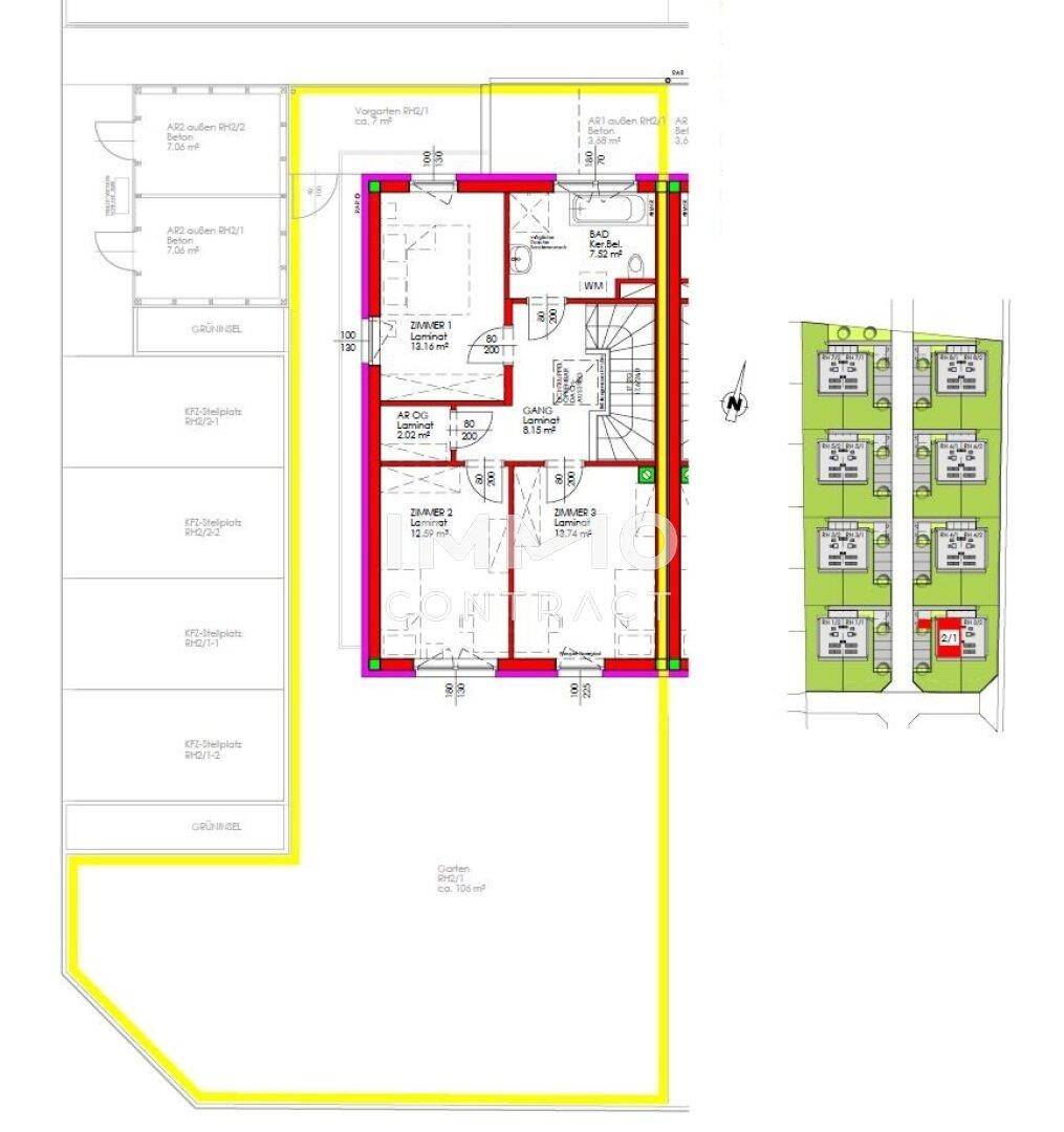 Grundriss des Obergeschosses mit drei Schlafzimmern und Badezimmer.