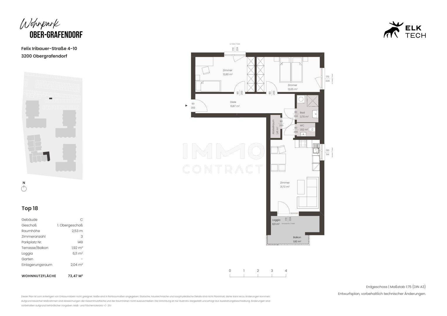 Grundriss einer Wohnung mit drei Zimmern, Loggia und Terrasse im Obergeschoss.