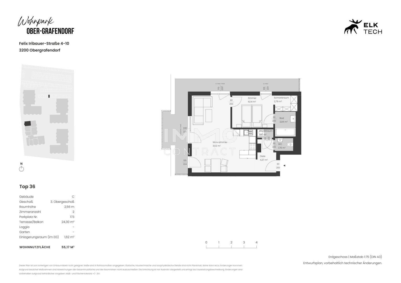Grundriss der Wohnung Top 36 im Obergeschoss mit Loggia und Terrasse.
