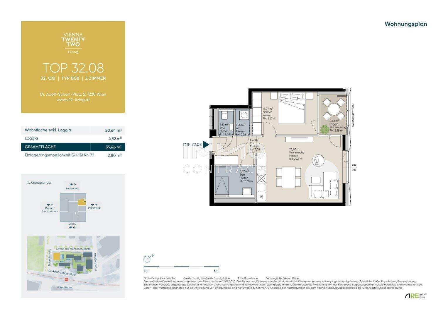 Detaillierter Grundriss einer Wohnung mit einem Schlafzimmer, offenem Wohnbereich und Loggia.
