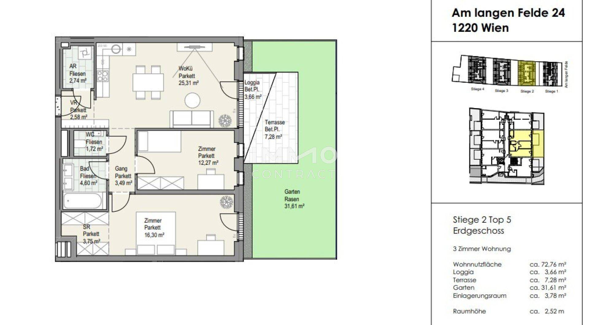 Grundriss einer Erdgeschosswohnung mit Terrasse, Garten und drei Zimmern.