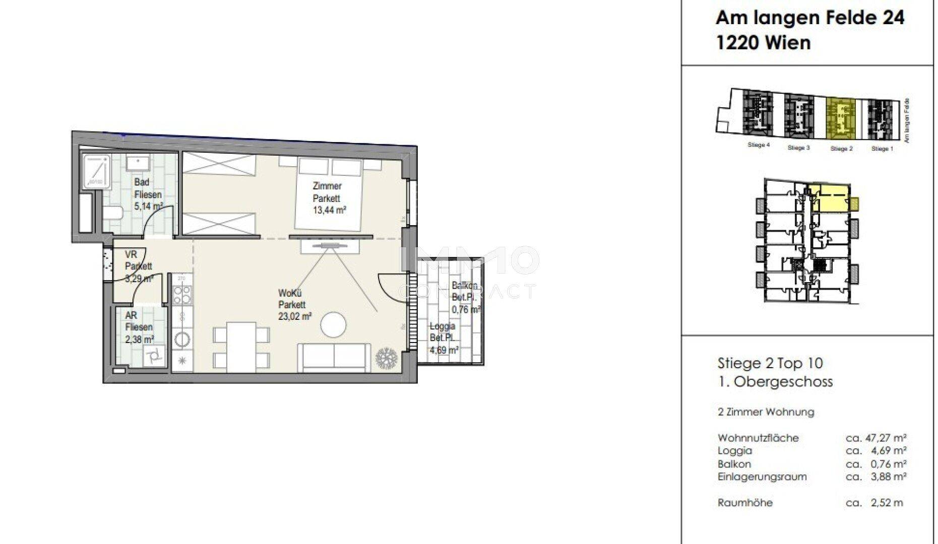 Grundriss einer 2-Zimmer-Wohnung mit Balkon, Loggia und offenem Wohnbereich.