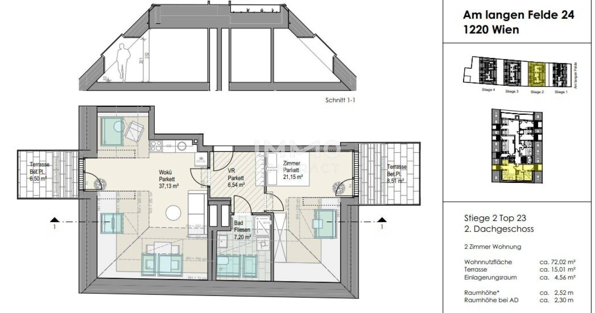 Detaillierter Grundriss einer 2-Zimmer-Wohnung mit Balkon und Terrasse, inklusive Dachschräge.