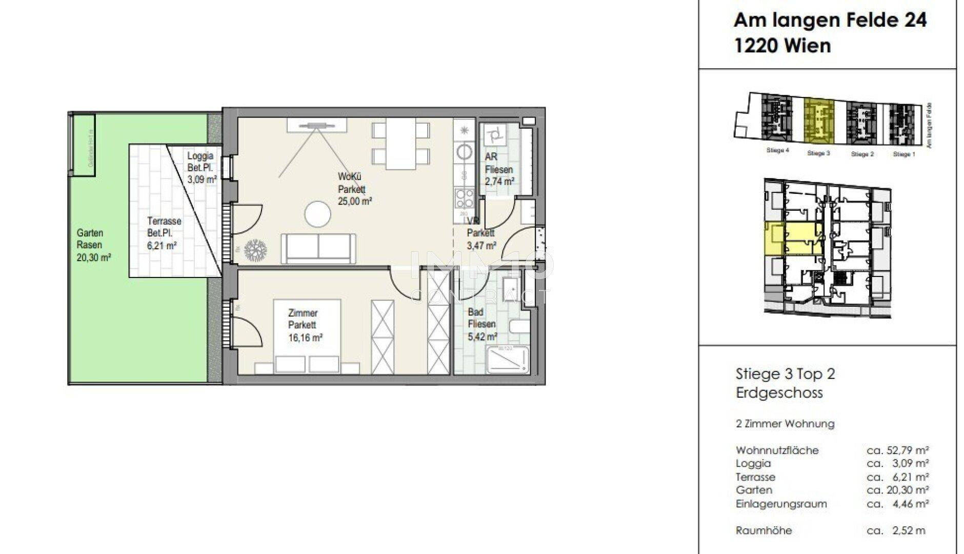 Grundriss der Erdgeschosswohnung mit Terrasse, Loggia und Gartenbereich.