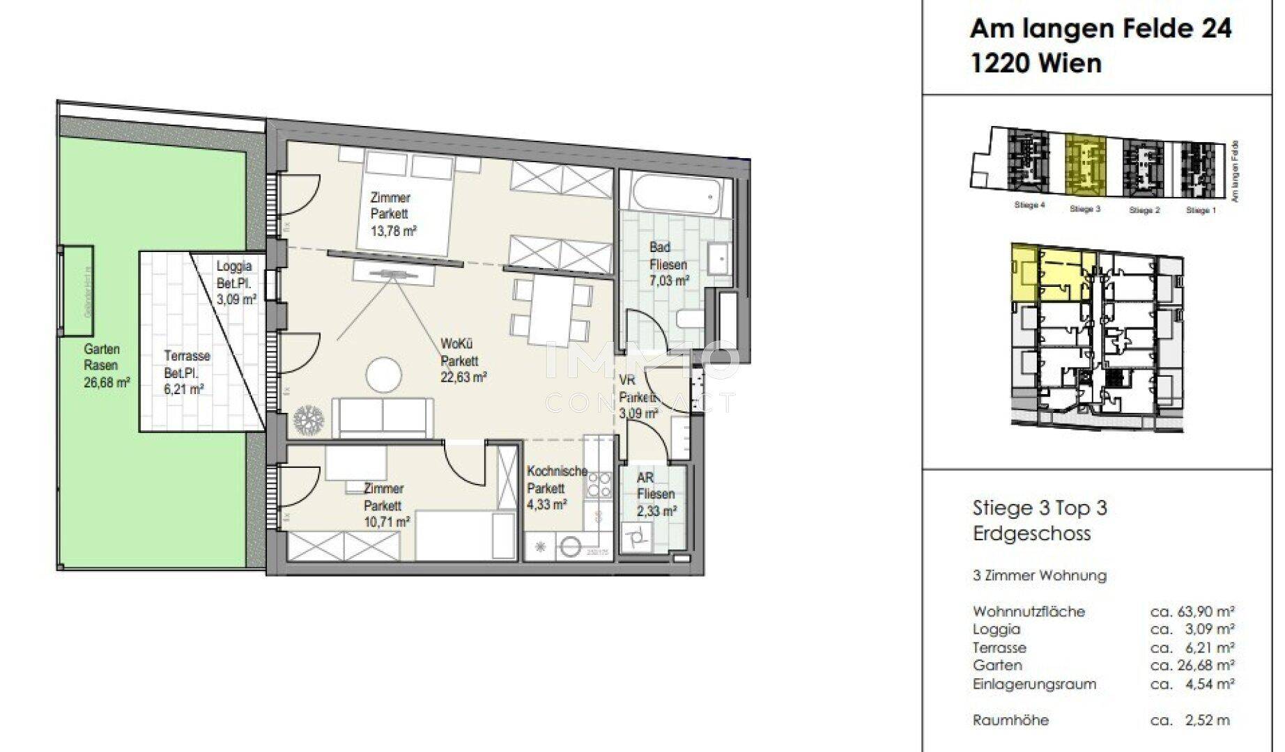 Detaillierter Grundriss einer Erdgeschosswohnung mit Terrasse, Loggia und Gartenbereich.