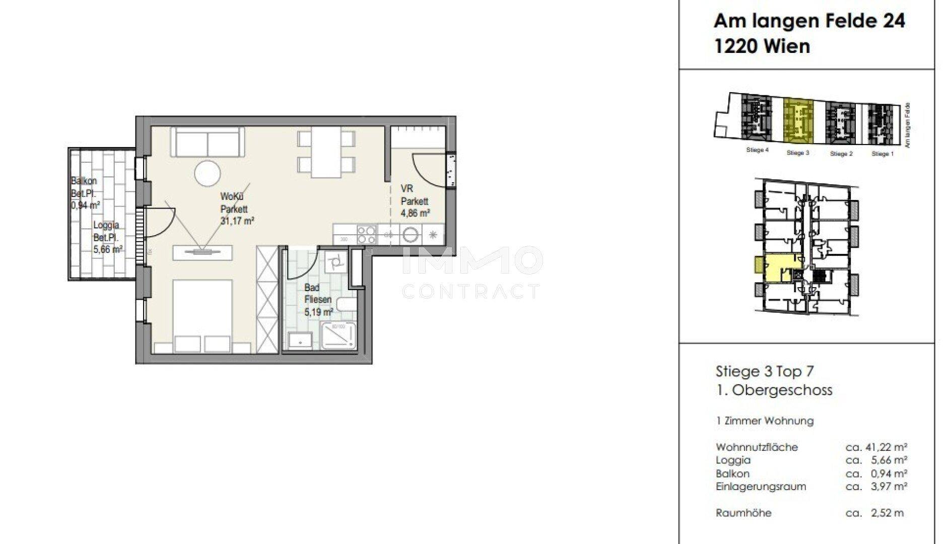 Grundriss einer 1-Zimmer-Wohnung im 1. Obergeschoss mit Balkon und offenem Wohnbereich.