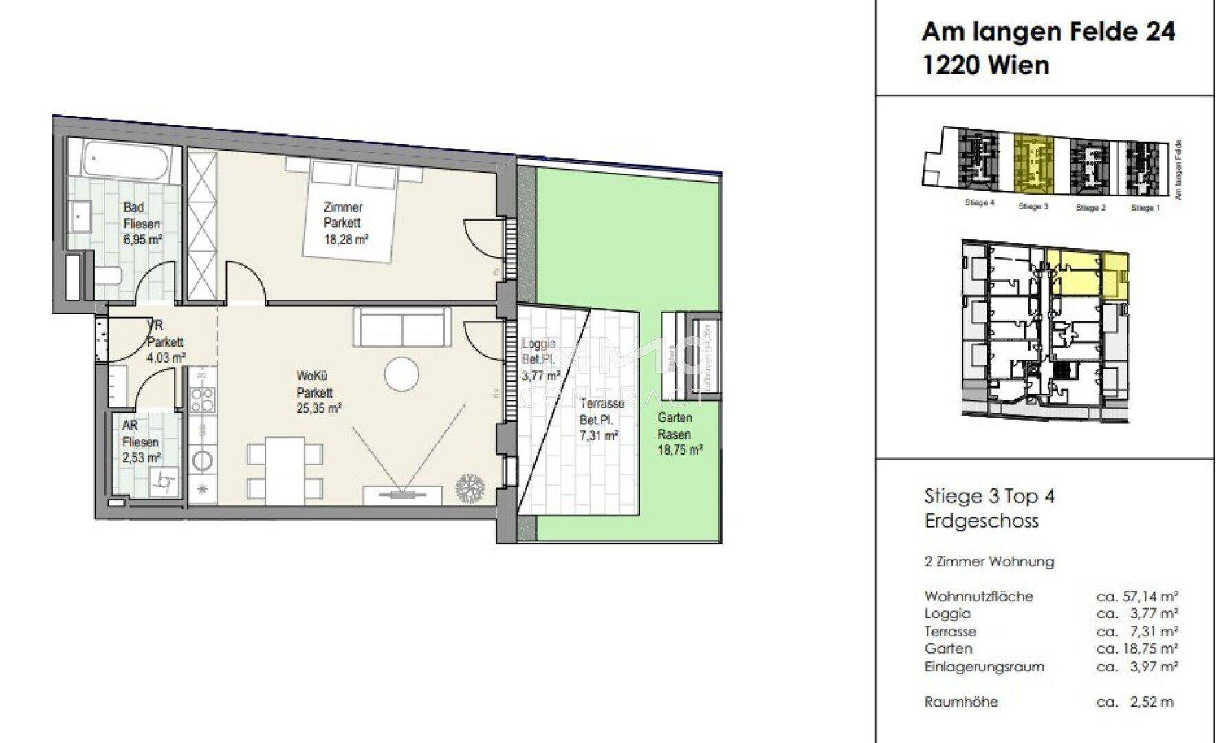 Grundriss der Erdgeschosswohnung mit offenem Wohnbereich, Terrasse, Garten und Loggia.