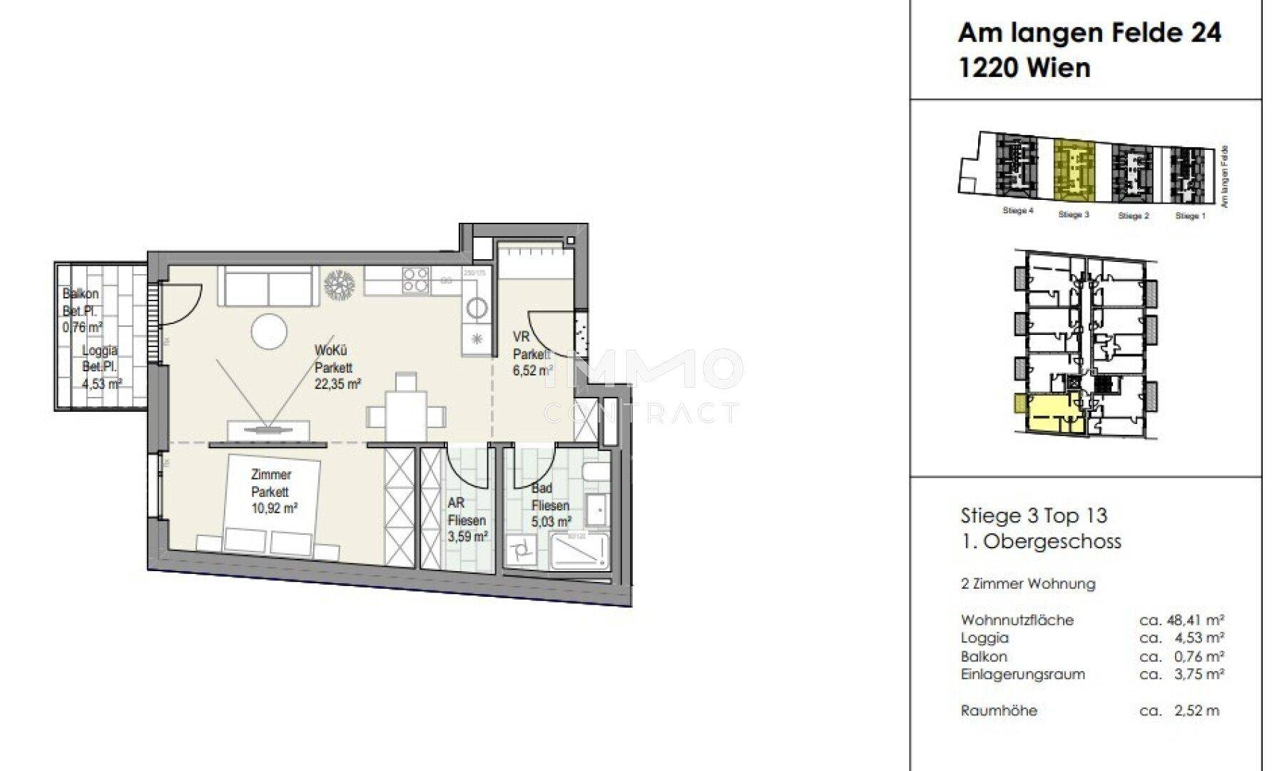 Detaillierter Grundriss einer 2-Zimmer-Wohnung im ersten Obergeschoss mit Balkon und Loggia.