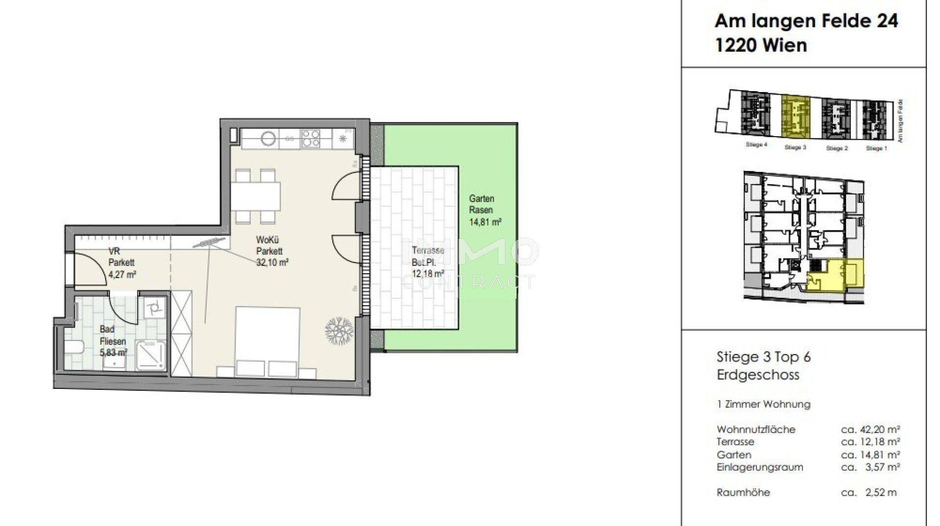 Grundriss einer 1-Zimmer-Wohnung mit Terrasse und Gartenbereich im Erdgeschoss.