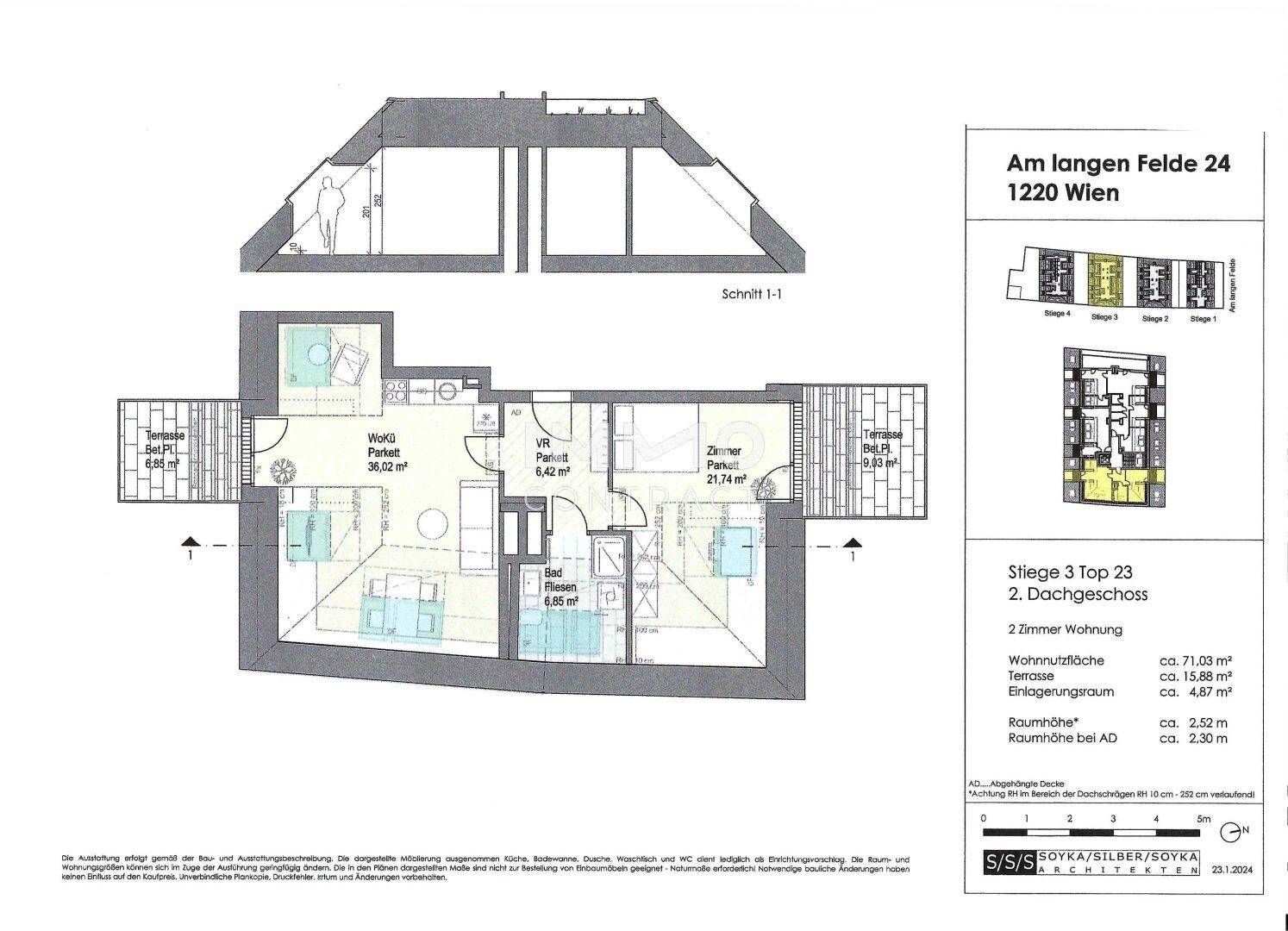 Grundriss einer 2-Zimmer-Wohnung im Dachgeschoss mit zwei Terrassen und offenem Wohnbereich.