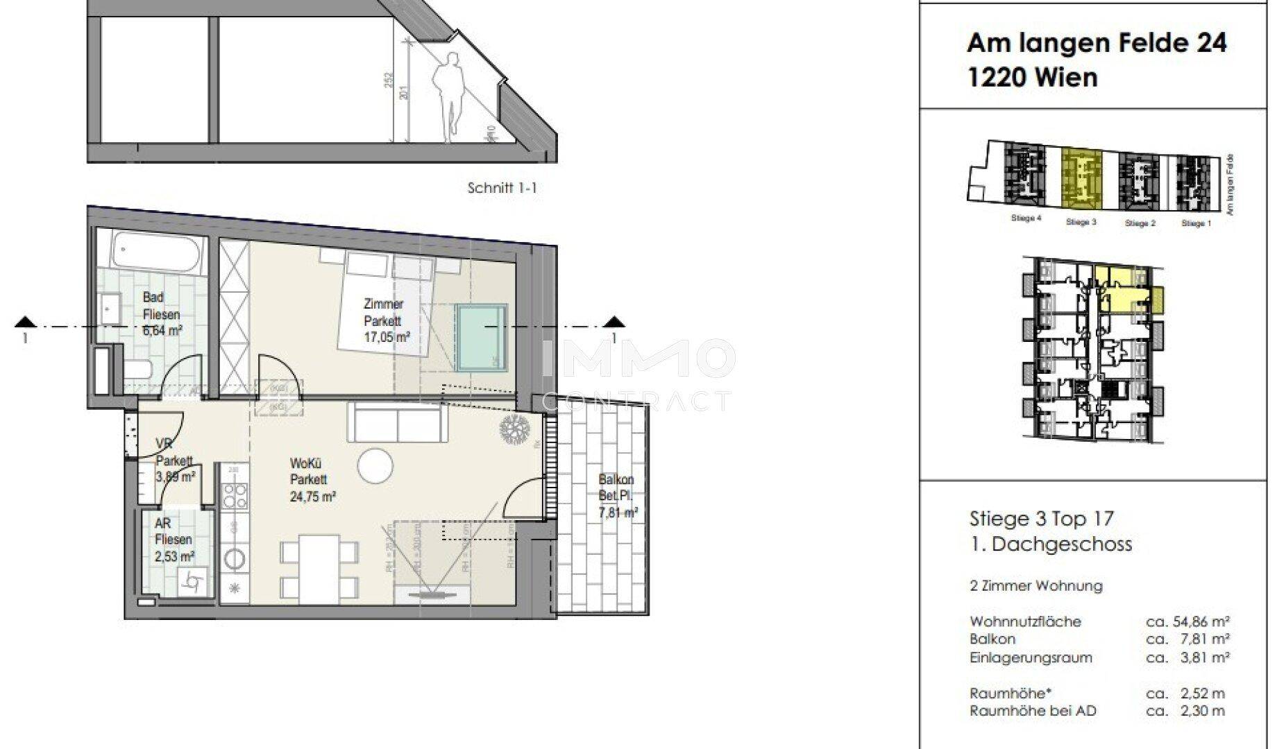 Grundriss einer 2-Zimmer-Wohnung mit Balkon, Dachschräge und effizienter Raumaufteilung.