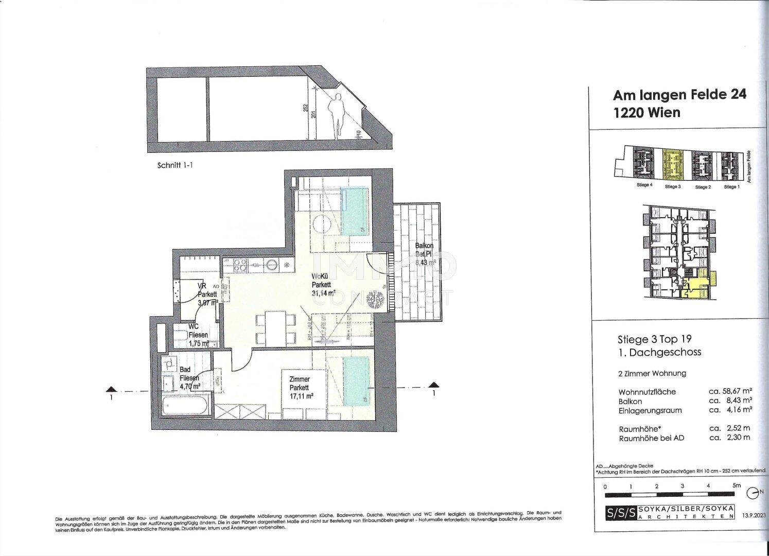 Detaillierter Grundriss einer 2-Zimmer-Wohnung im Dachgeschoss mit Balkon.