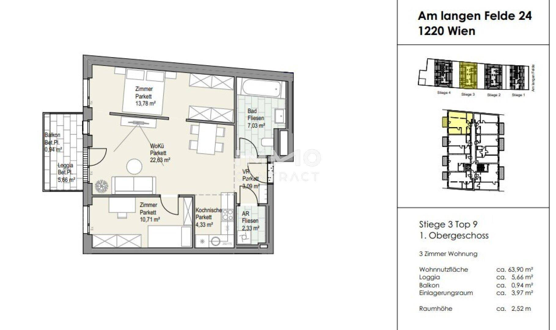 Detaillierter Grundriss einer 3-Zimmer-Wohnung mit Balkon und Loggia.