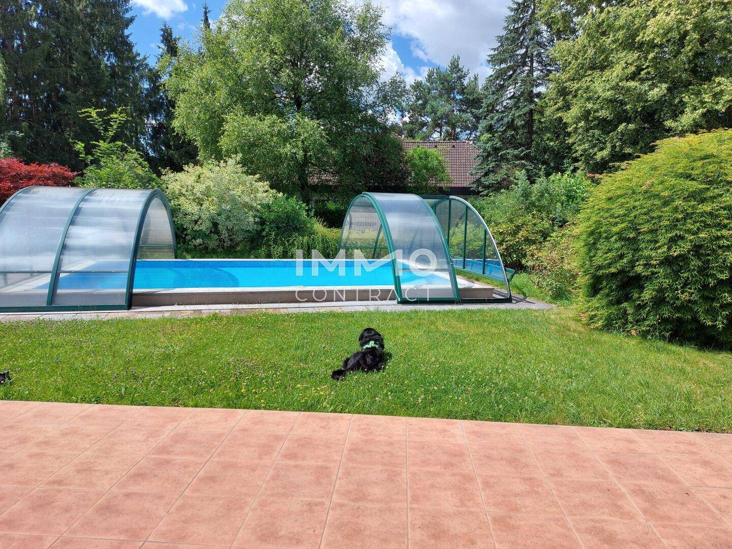 Außenbereich mit überdachtem Swimmingpool, Rasenfläche und gepflastertem Weg.
