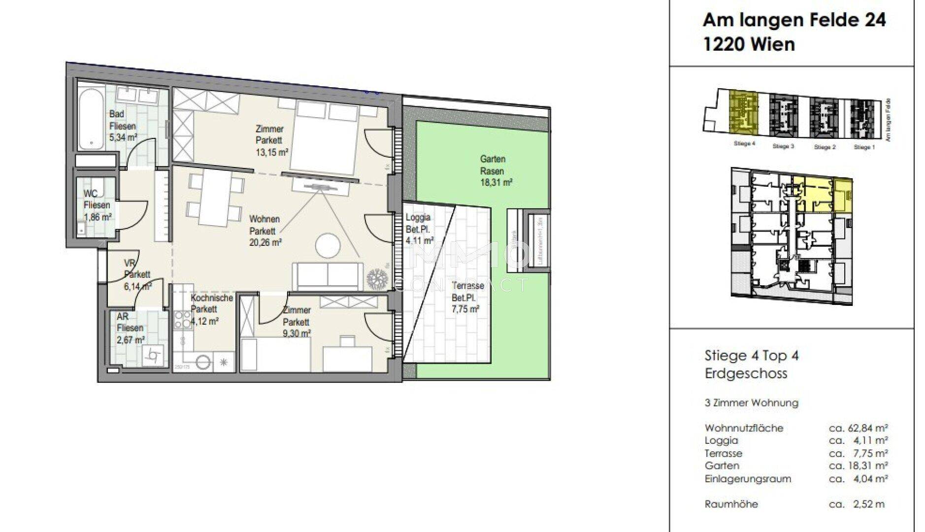 Detaillierter Grundriss einer Erdgeschosswohnung mit offenem Wohnbereich, Terrasse und Garten.