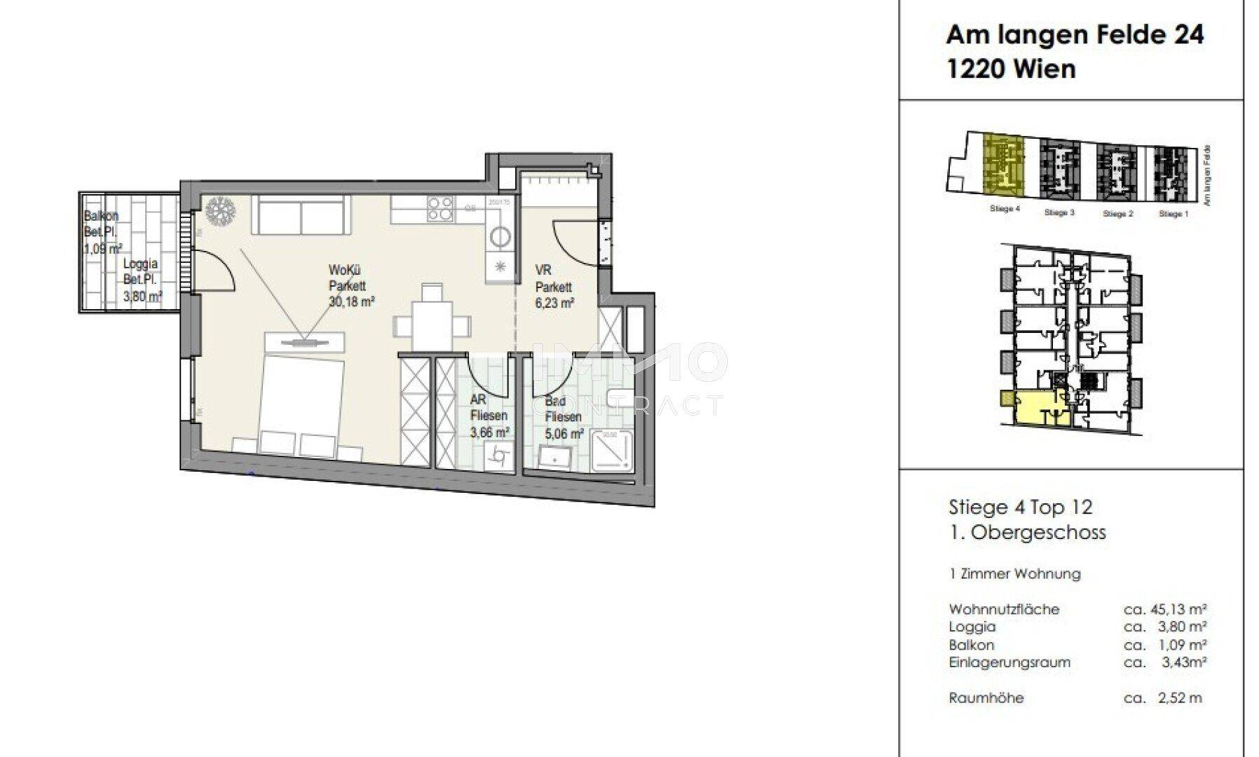 Übersichtlicher Grundriss einer 1-Zimmer-Wohnung mit offenem Wohnbereich, Balkon und Loggia.