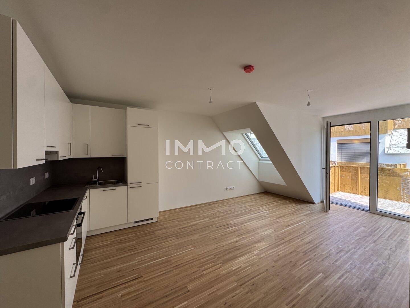 Offener Wohnbereich mit moderner Küchenzeile, Parkettboden und direktem Zugang zum Balkon.