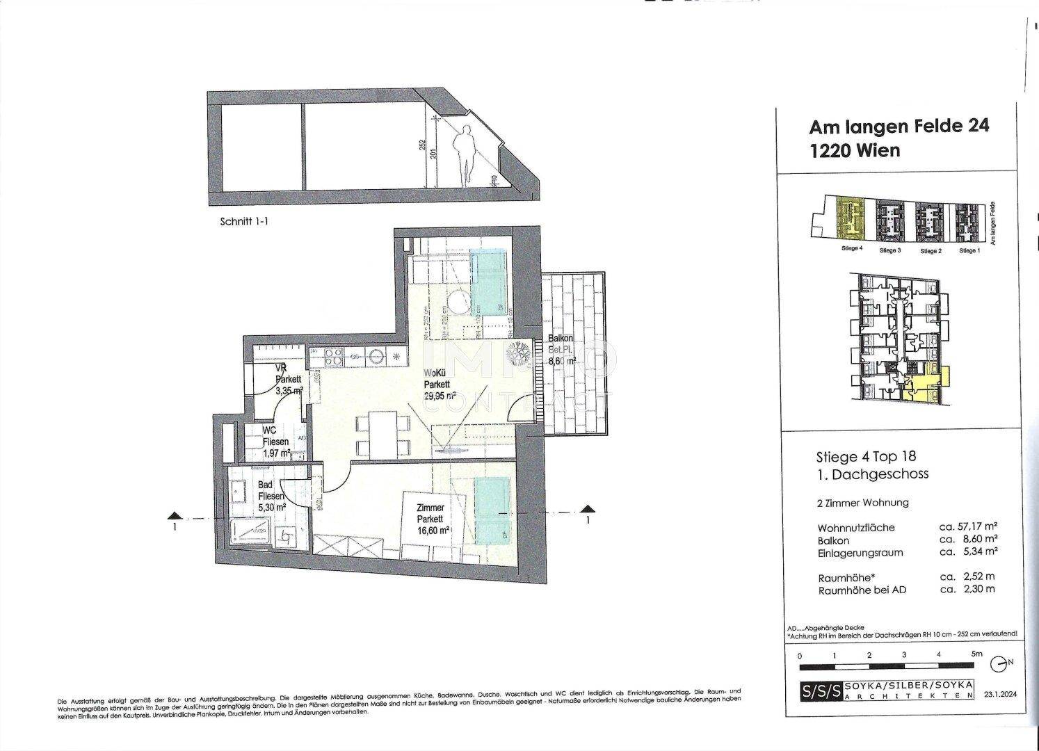 Detaillierter Grundriss einer Dachgeschosswohnung mit zwei Zimmern, Balkon und Bad.
