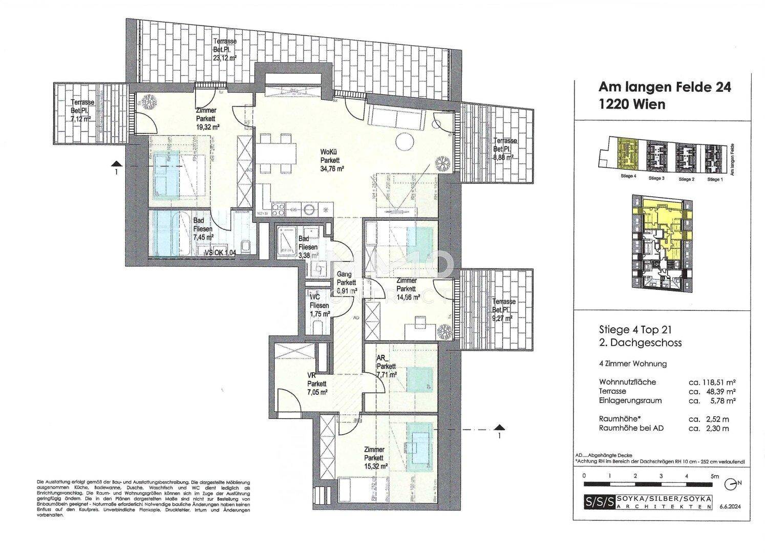 Grundriss einer 4-Zimmer-Wohnung im 2. Dachgeschoss mit mehreren Terrassen und offenem Wohnbereich.