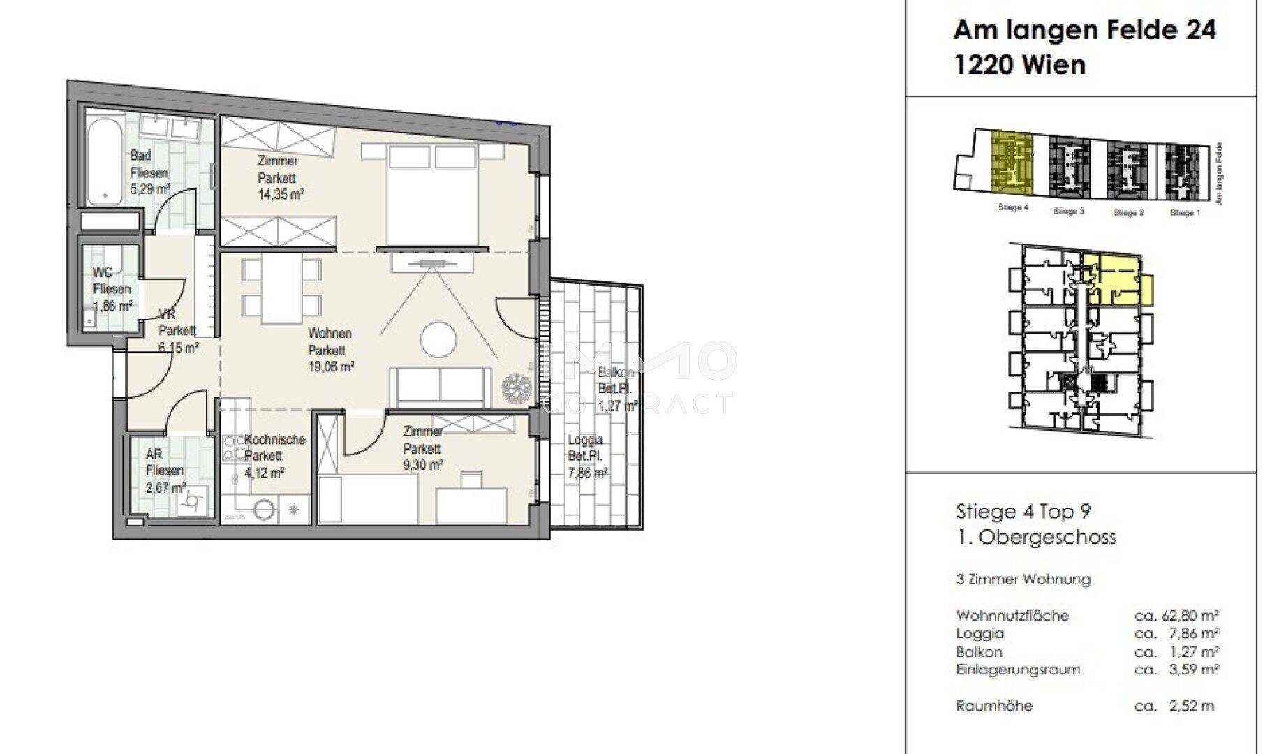 Detaillierter Grundriss einer 3-Zimmer-Wohnung im ersten Obergeschoss mit Loggia und Balkon.