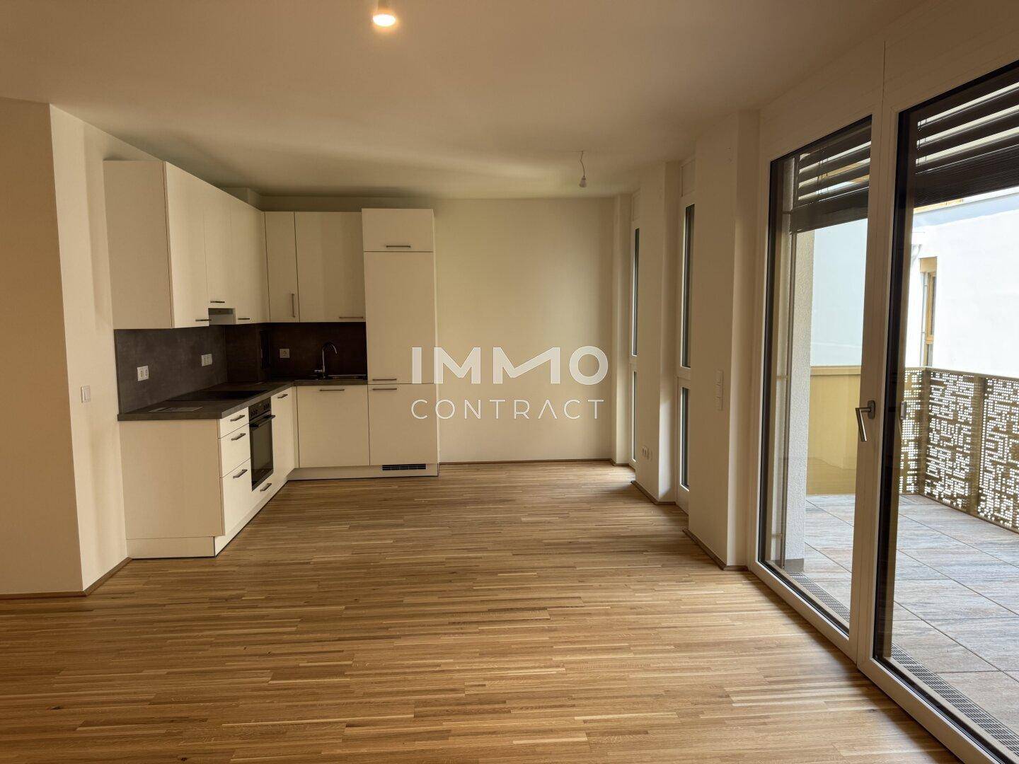 Offener Wohnbereich mit integrierter Küche, Parkettboden und Zugang zum Balkon.