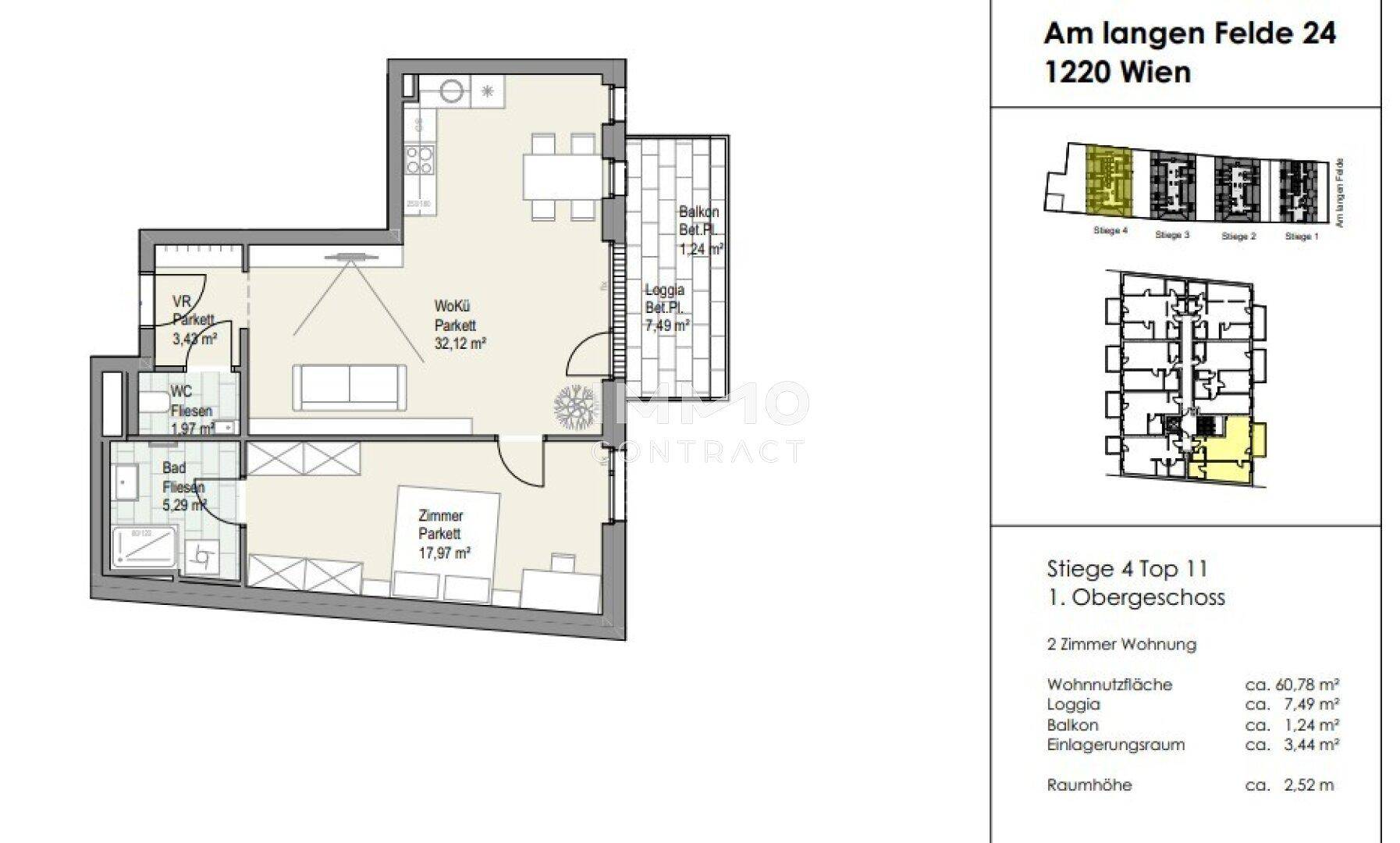 Grundriss einer 2-Zimmer-Wohnung mit Balkon, Loggia und offenem Wohnbereich.