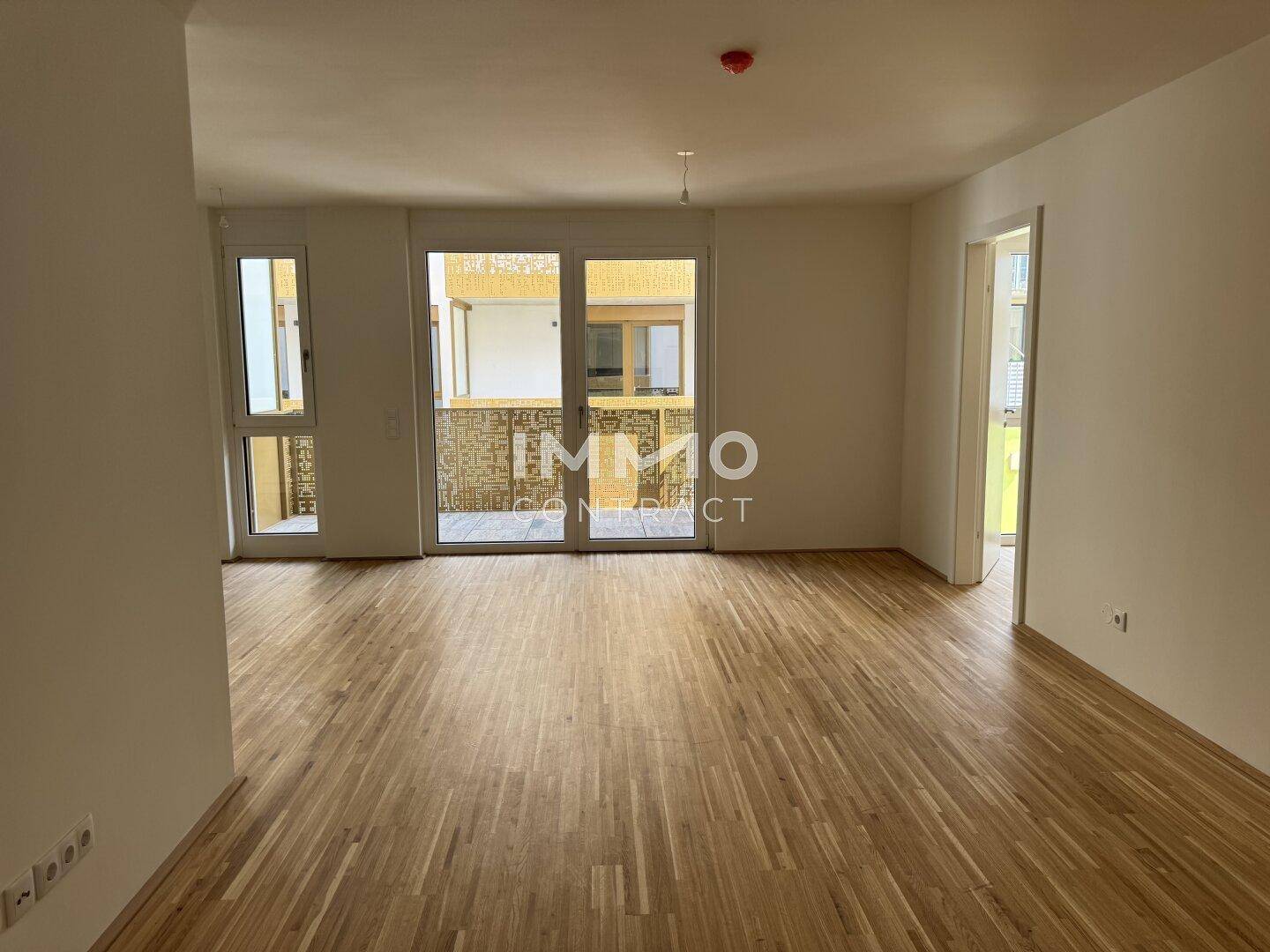 Heller Wohnbereich mit Parkettboden und Zugang zu einem Balkon oder einer Loggia.