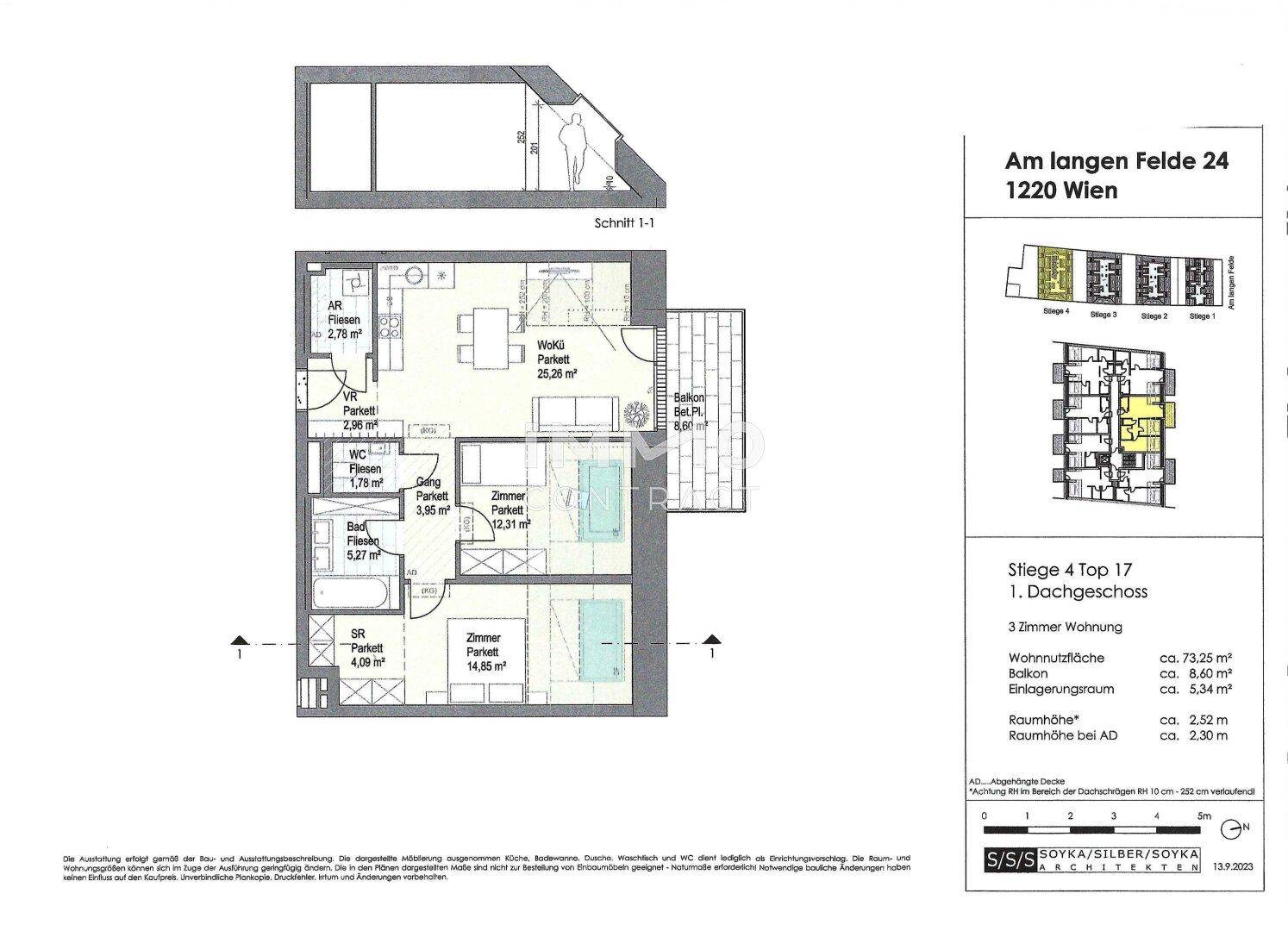 Detaillierter Grundriss einer 3-Zimmer-Wohnung im Dachgeschoss mit Balkon.