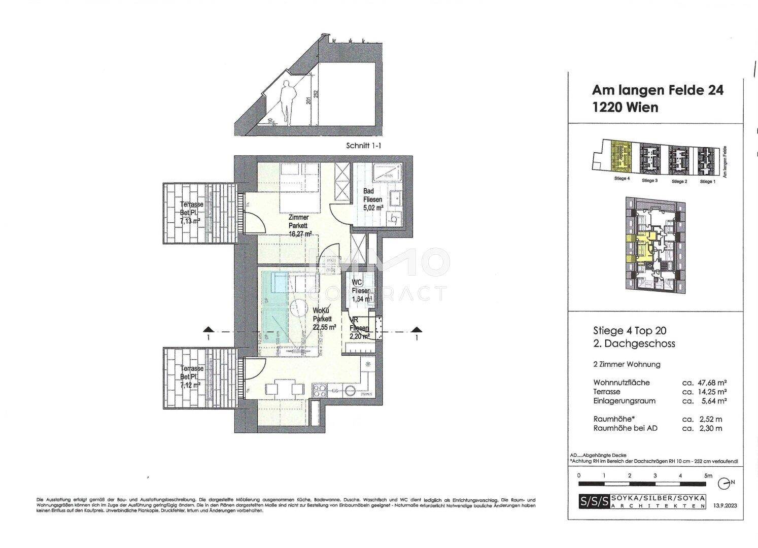 Detaillierter Grundriss einer Dachgeschosswohnung mit zwei Terrassen und Bad.