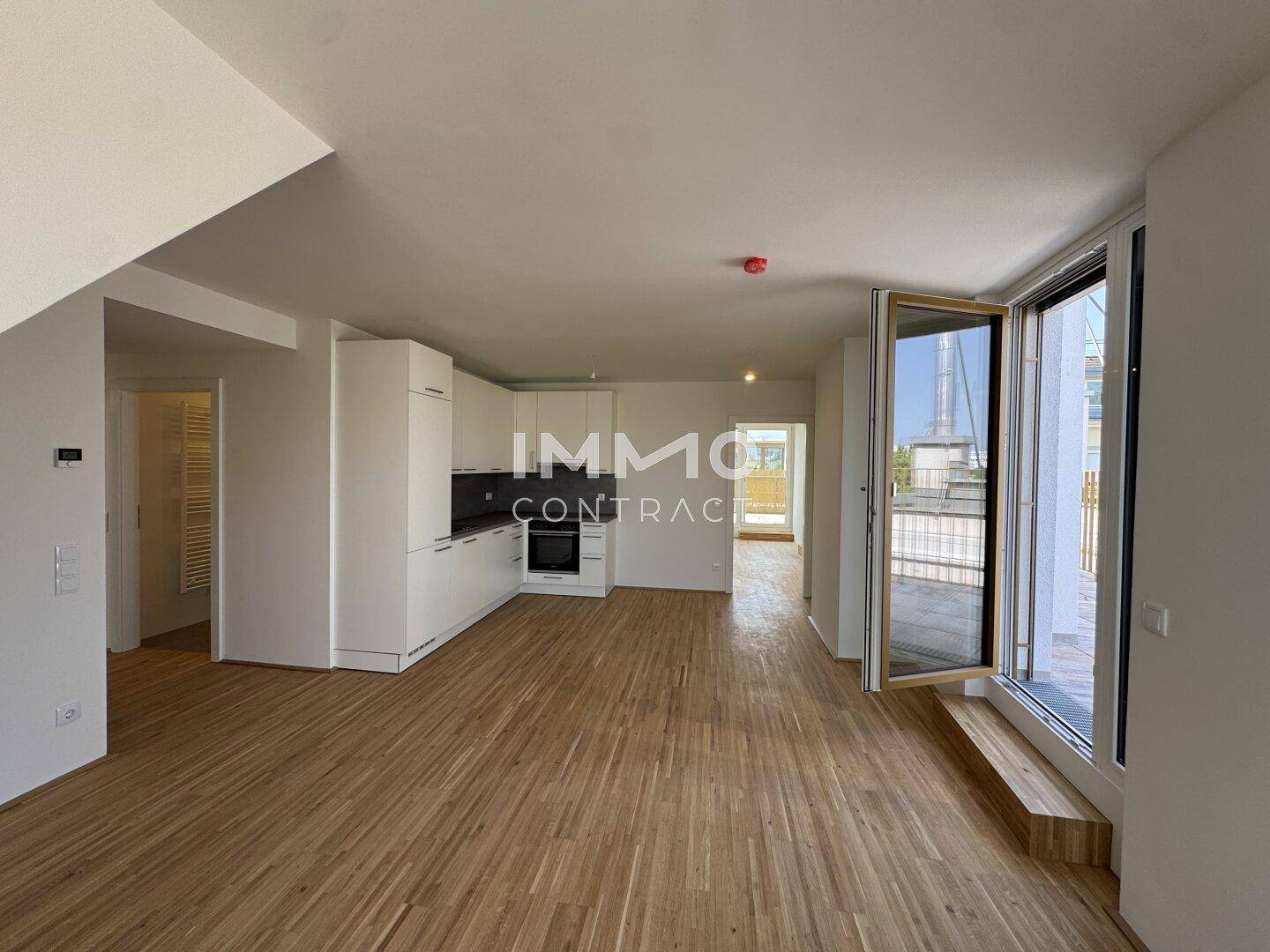 Offener Wohnbereich mit integrierter moderner Küche, Holzboden und direktem Zugang zur Terrasse.