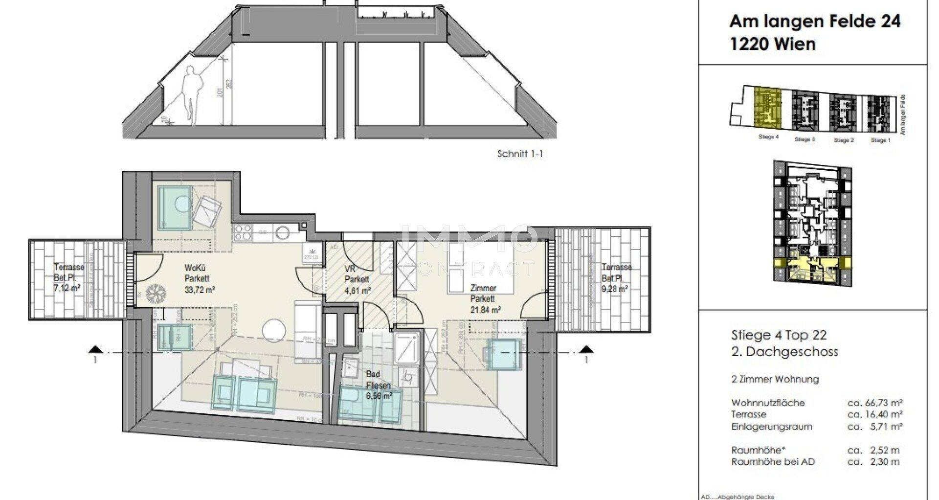 Grundriss einer 2-Zimmer-Wohnung im Dachgeschoss mit Terrassen und offenem Wohnbereich.