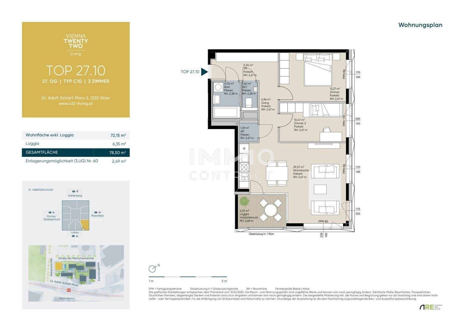 Detaillierter Wohnungsplan mit Raumaufteilung und Flächenangaben.