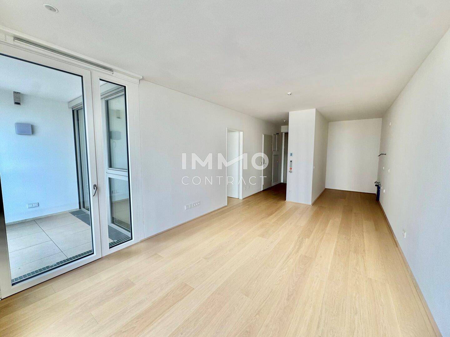 Heller Flurbereich mit Holzboden und Zugang zu einem Balkon, der viel Tageslicht hereinlässt.