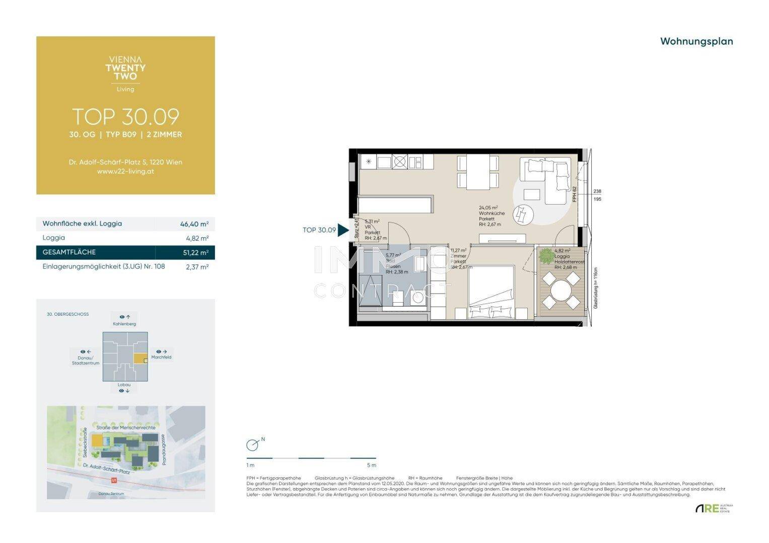Grundriss einer Wohnung mit einem Schlafzimmer, offenem Wohnbereich und Loggia.