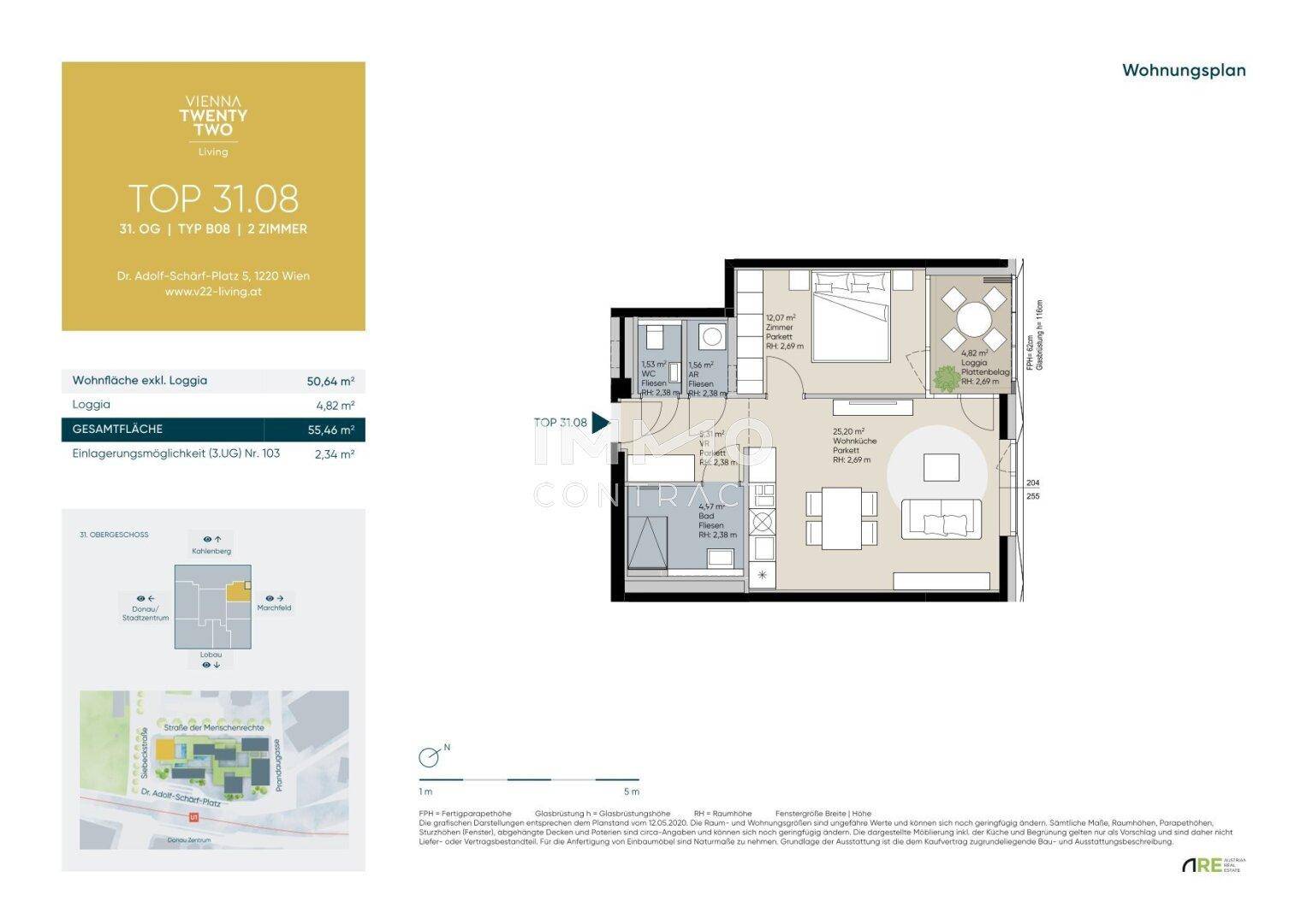 Detaillierter Wohnungsplan mit Aufteilung der Räume, Loggia und Gesamtfläche.