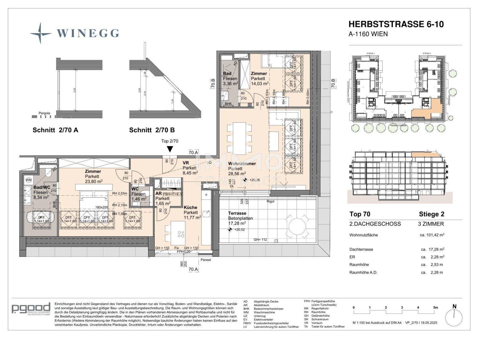 Detaillierter Grundriss einer Dachgeschosswohnung mit zwei Schlafzimmern, Terrasse und offenem Wohnbereich.