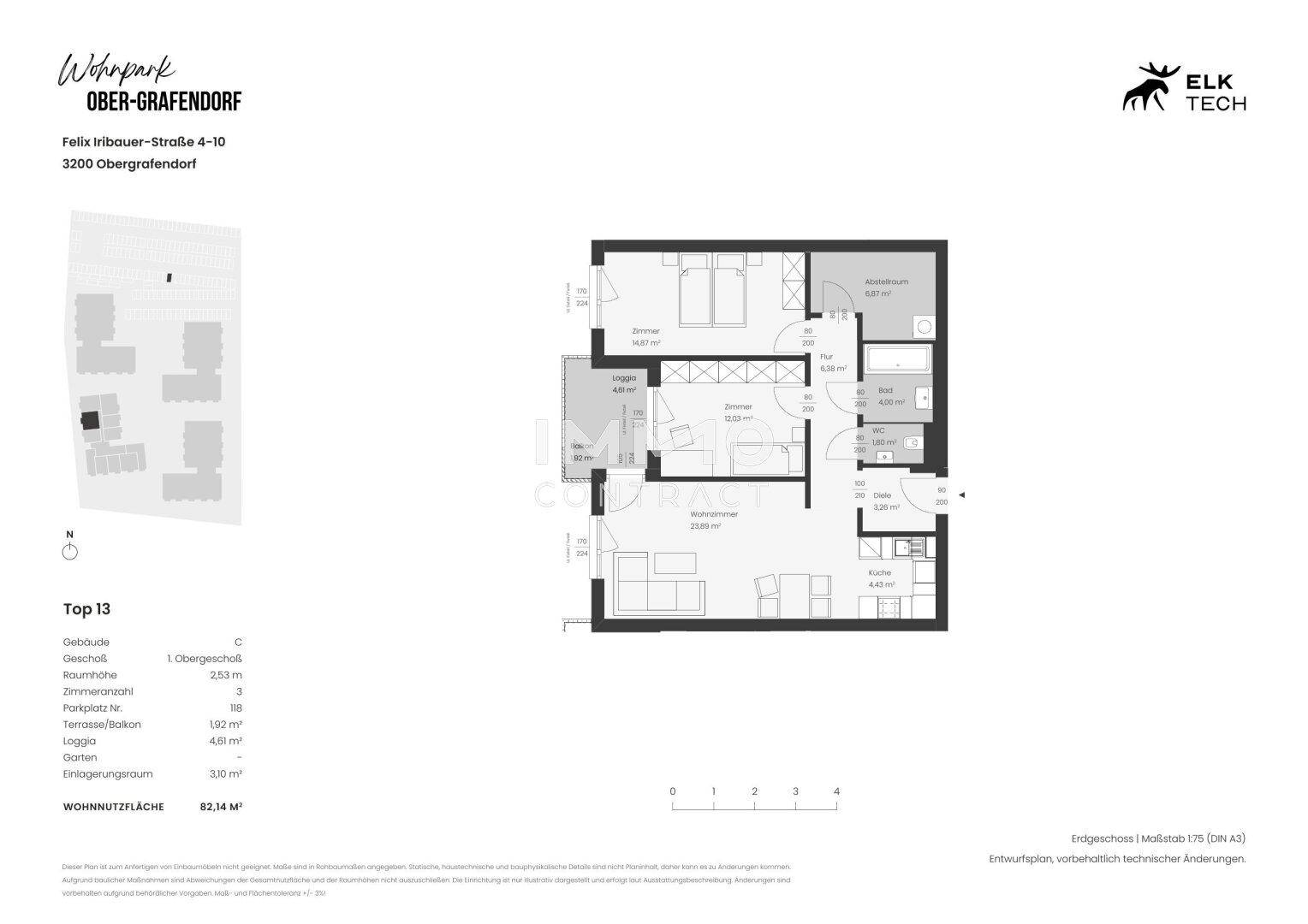 Detaillierter Grundriss einer Wohnung mit drei Zimmern und Balkon.