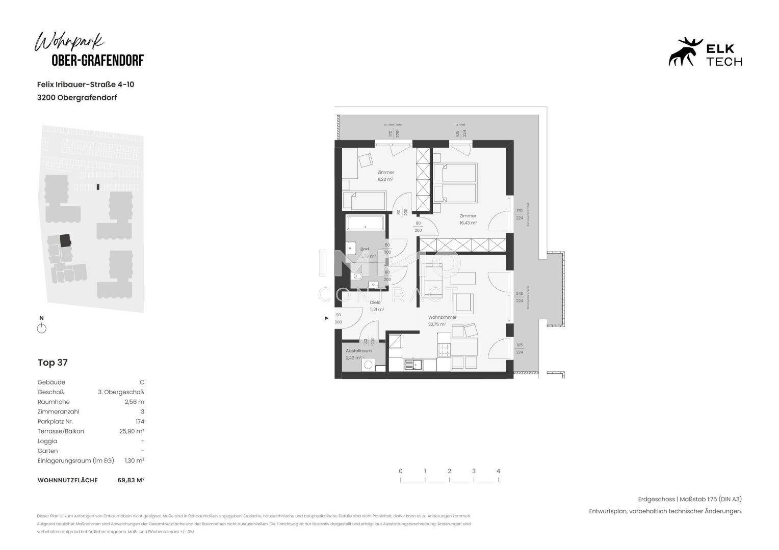 Grundriss der Wohnung Top 37 mit drei Zimmern, Loggia und Terrasse.