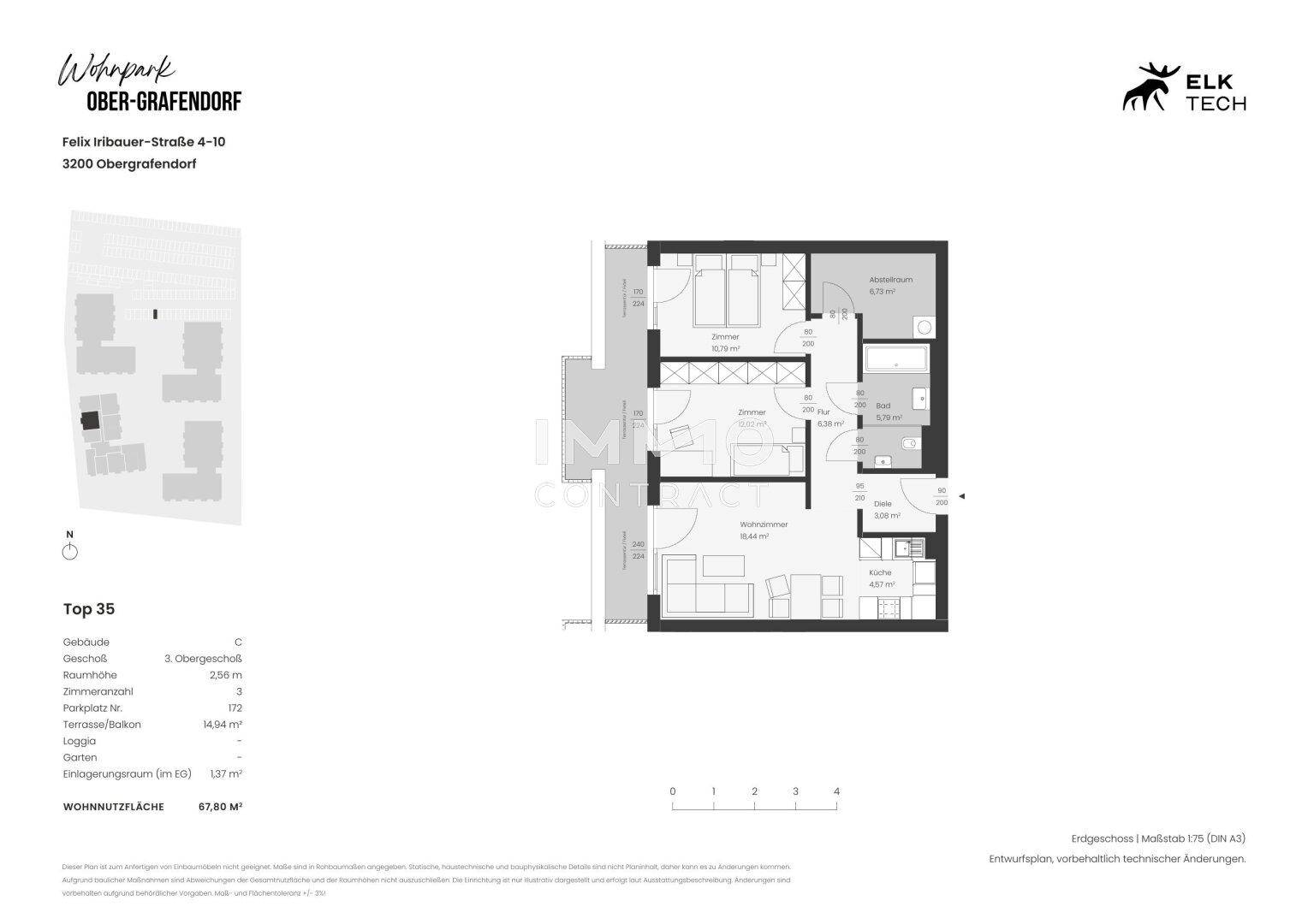 Grundriss der Wohnung Top 35 zeigt offenes Layout mit Terrasse, Loggia und Garten.