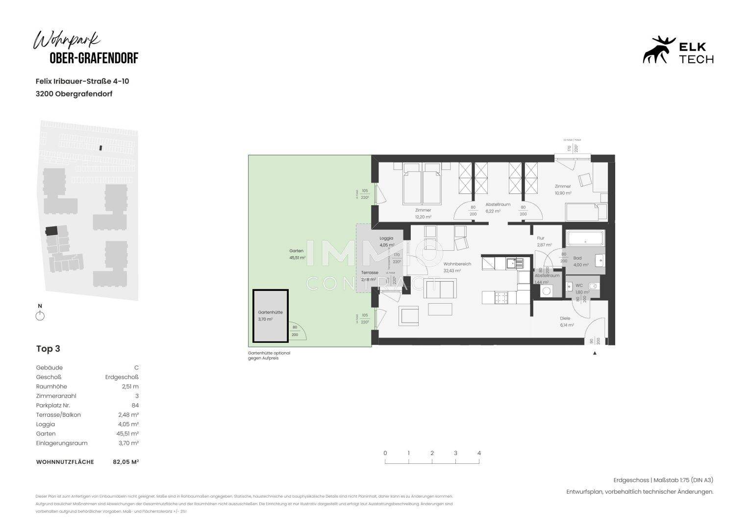 Detaillierter Grundriss einer Wohnung mit Terrasse, Garten und Loggia.
