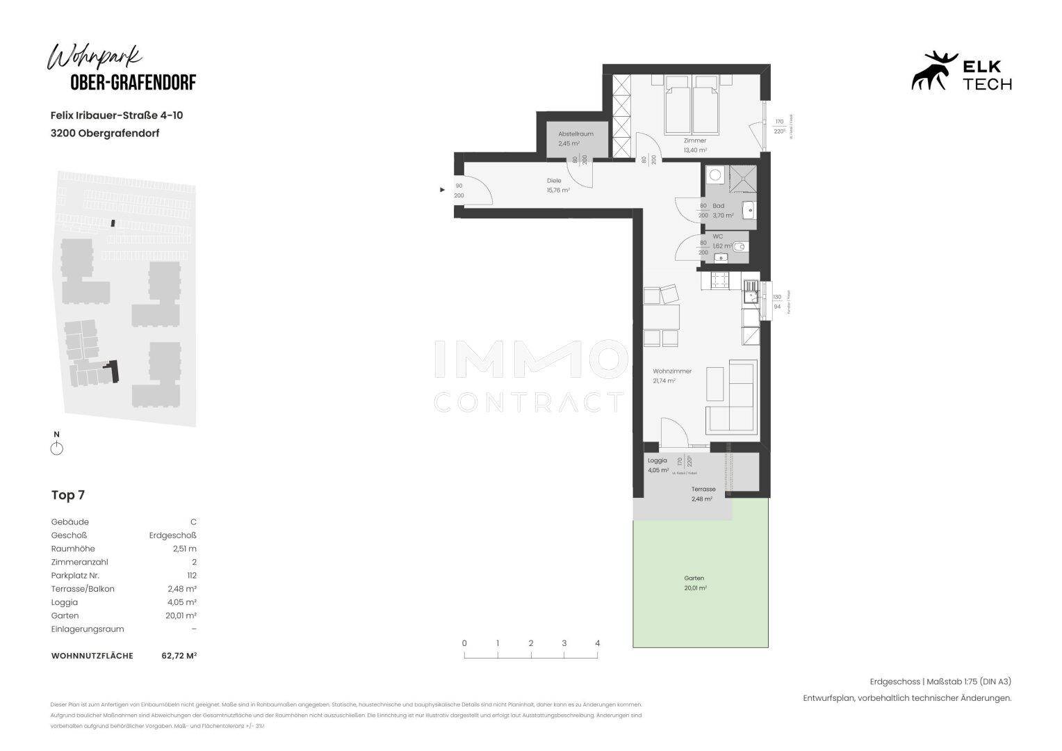Detaillierter Grundriss der Wohnung Top 7 mit Garten und Terrasse.