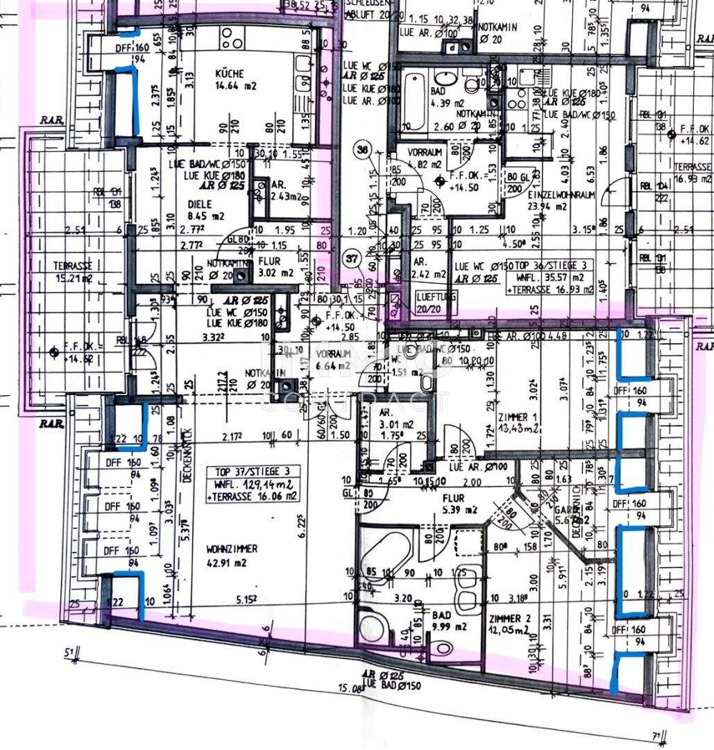 Detaillierter Grundriss der Wohnung mit Raumaufteilung und Terrassenflächen.